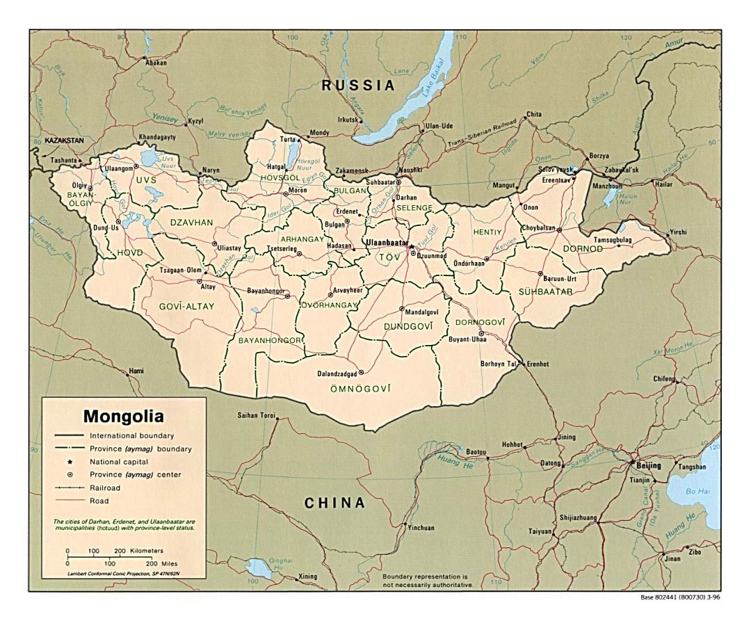 Detailed political and administrative map of Mongolia with roads, railroads and major cities - 1996