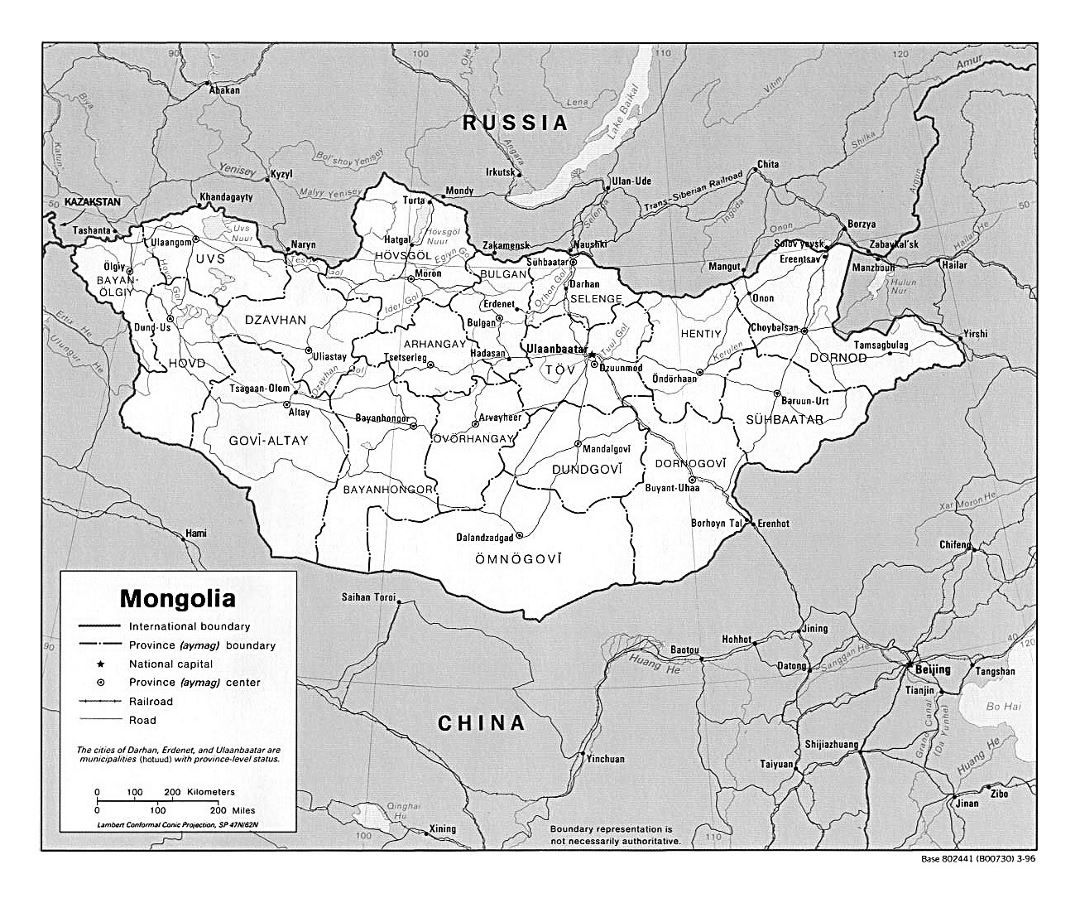Detailed political and administrative map of Mongolia with roads, railroads and major cities
