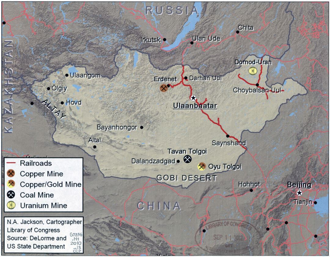 Large detailed map of Mongolia with ore mines, coal mines and railroads