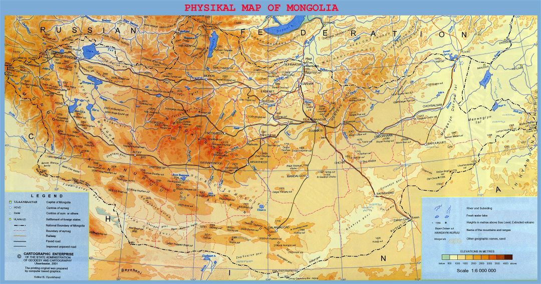 Large detailed physical map of Mongolia with roads, railroads, cities and other marks