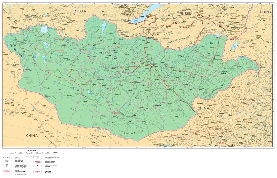 Large detailed road map of Mongolia with cities and other marks
