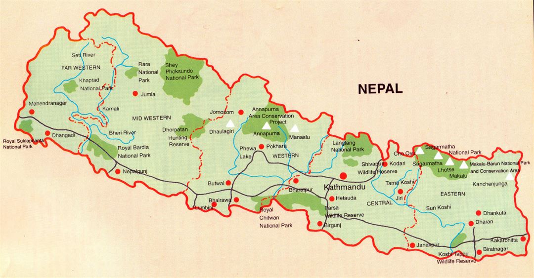 Detailed map of Nepal with national parks, roads and major cities