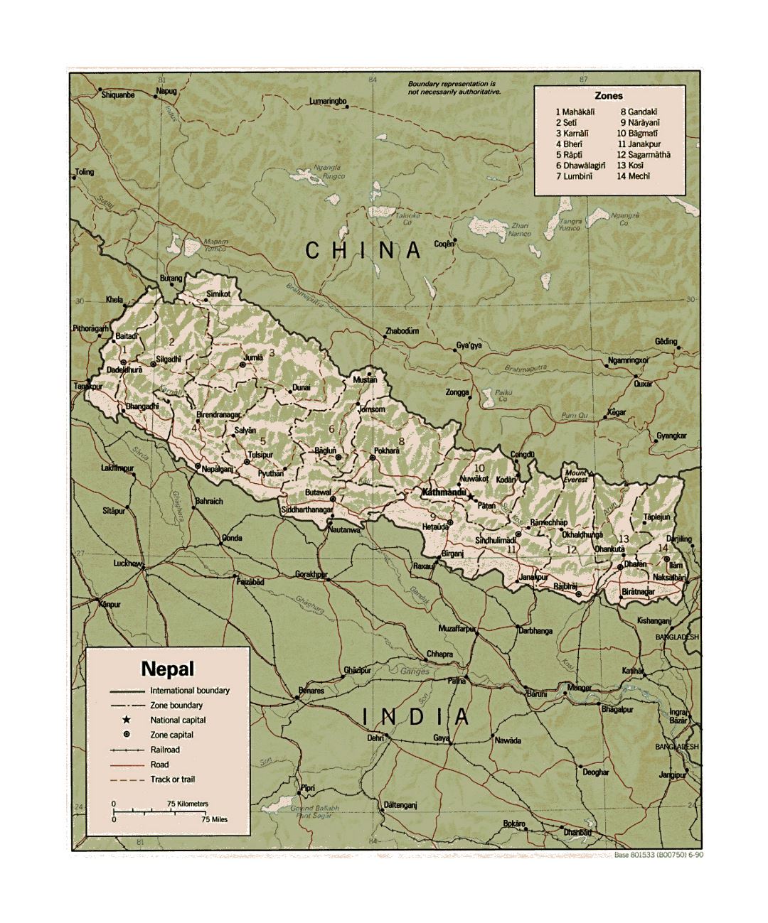 Detailed political and administrative map of Nepal with relief, roads, railroads and major cities - 1990