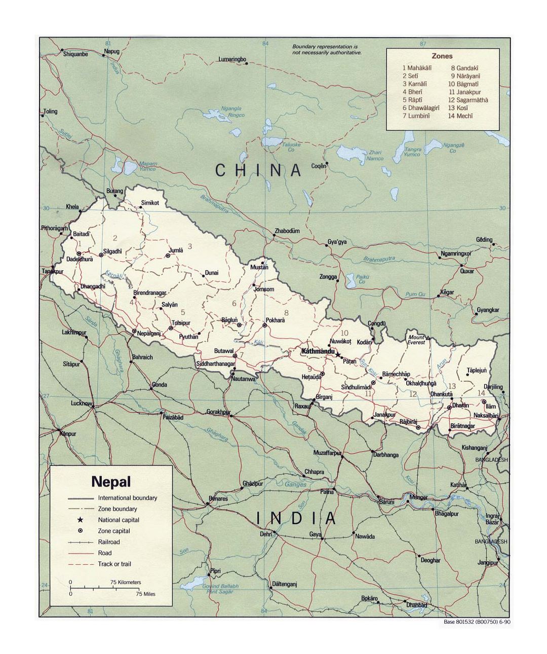 Detailed political and administrative map of Nepal with roads, railroads and major cities - 1990