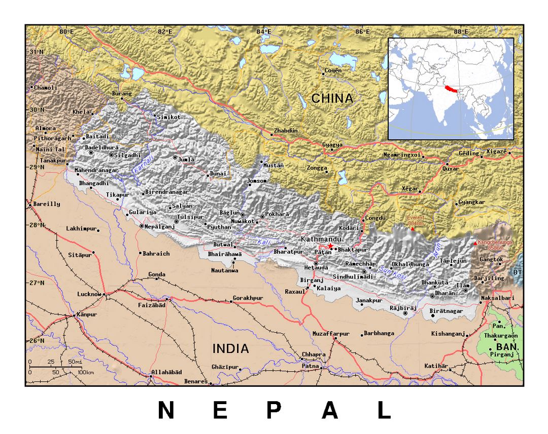 Detailed political map of Nepal with relief