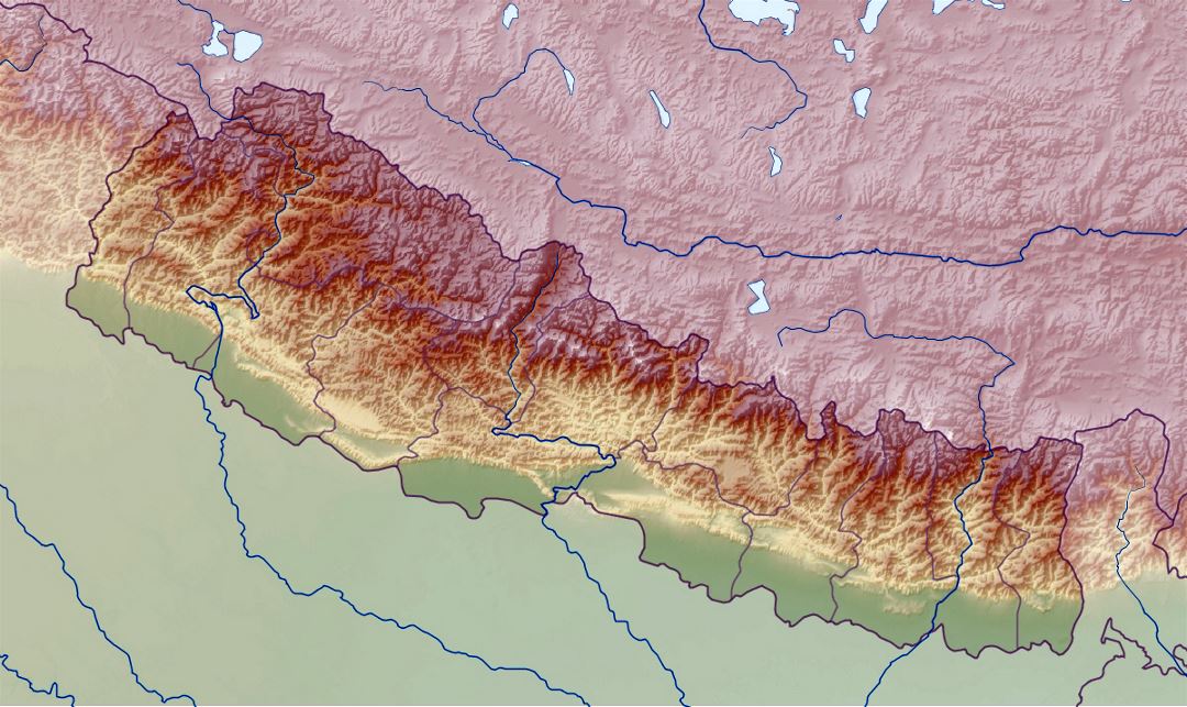 Detailed relief map of Nepal