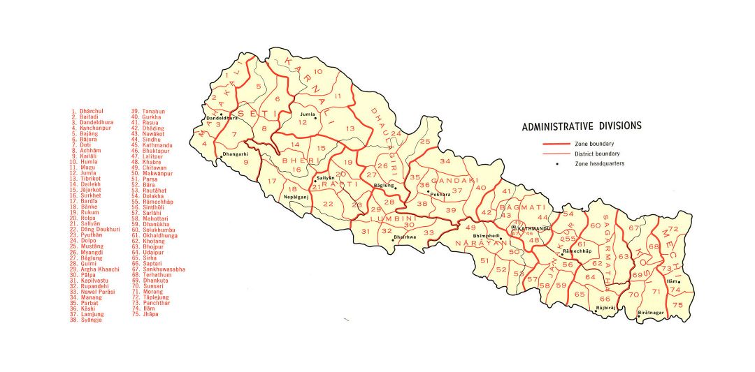 Large detailed administrative divisions map of Nepal - 1968