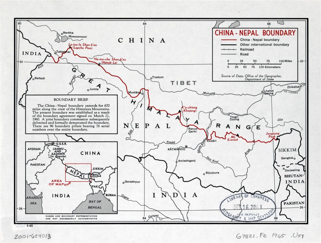Large detailed China - Nepal boundary map - 1965