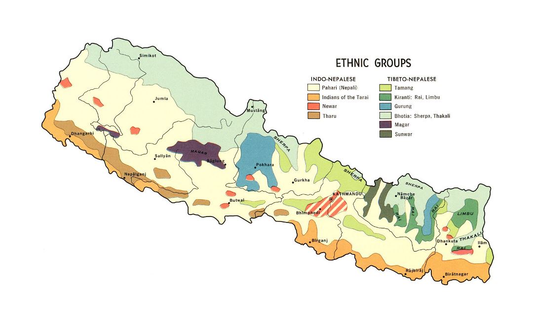 Large detailed ethnic groups map of Nepal - 1968