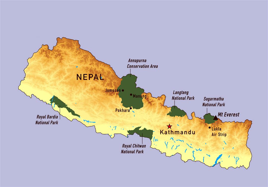 Large detailed map of Nepal with national parks