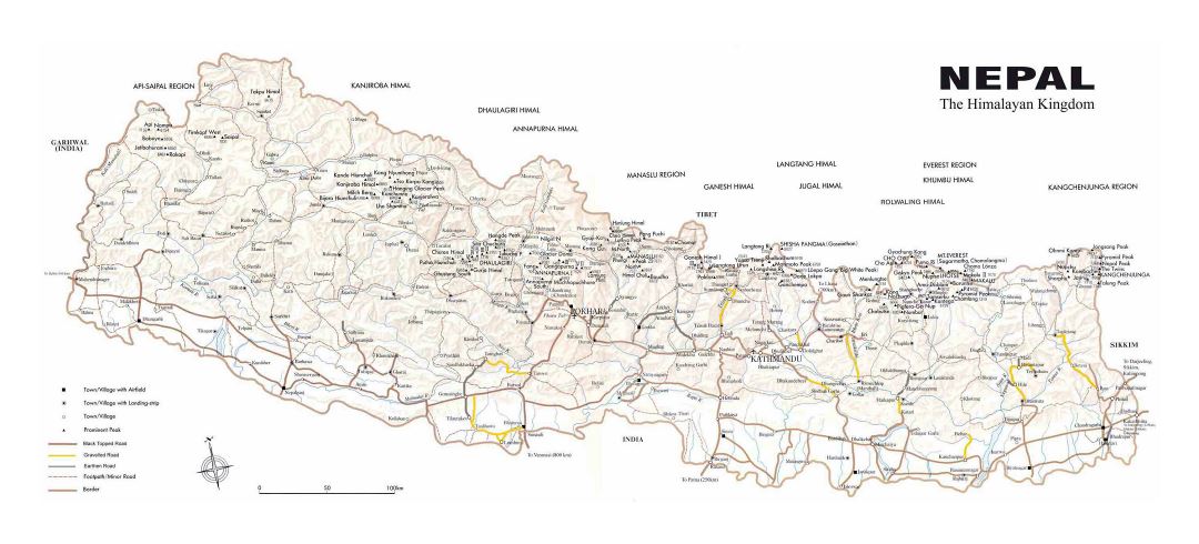 Large detailed map of Nepal with relief, roads and all cities