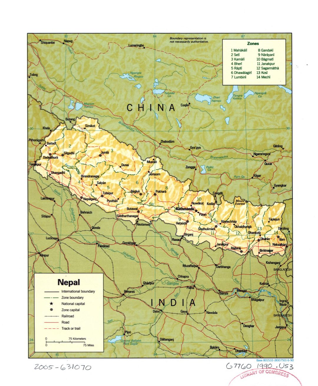 Large detailed political and administrative map of Nepal with relief, roads, railroads and major cities - 1990