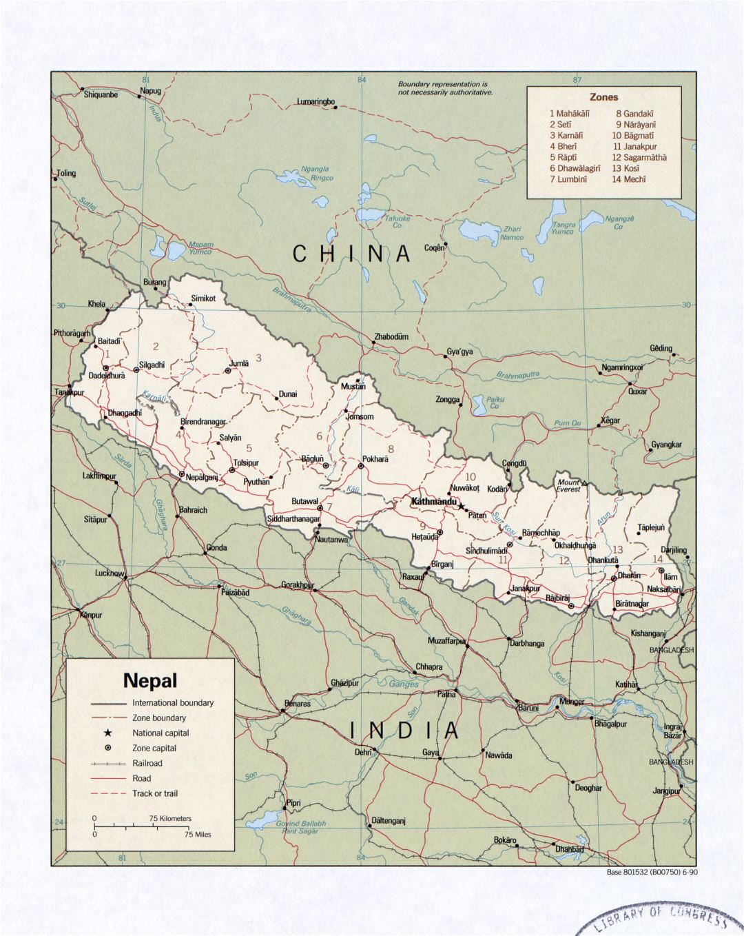 Large detailed political and administrative map of Nepal with roads, railroads and cities - 1990