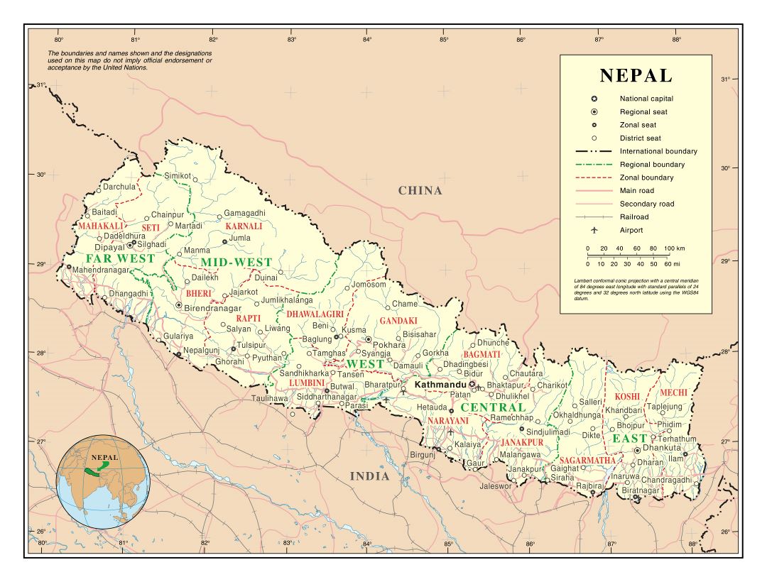 Large detailed political and administrative map of Nepal with roads, railroads, cities and airports