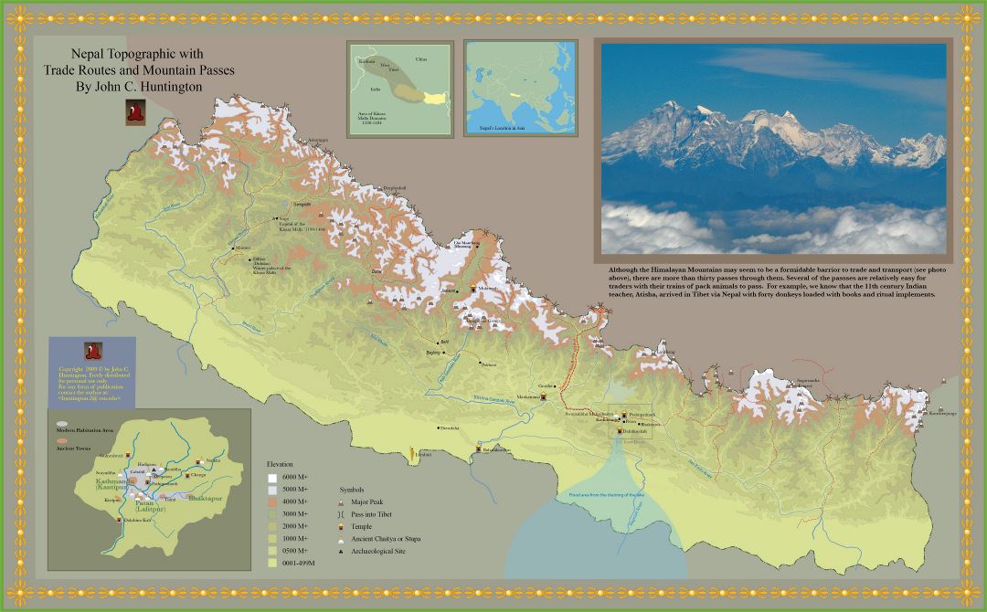 Large detailed topographic with trade routes and mountain passes map of Nepal