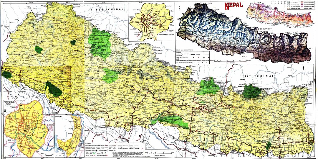 Large detailed topographical map of Nepal with roads, cities and other marks