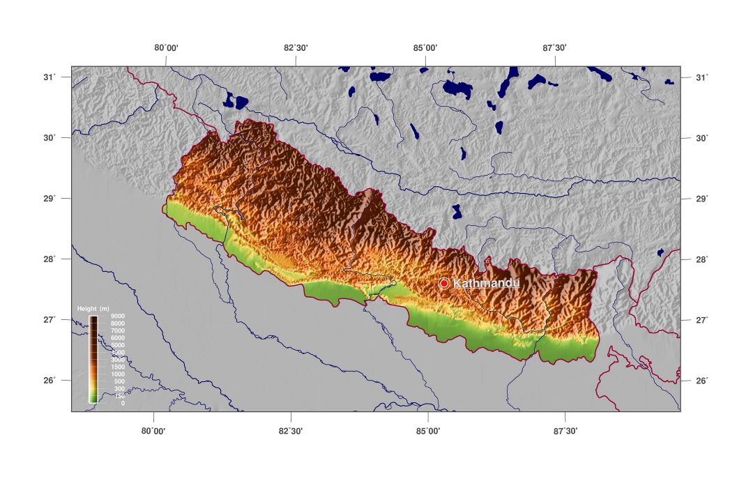 Large physical map of Nepal