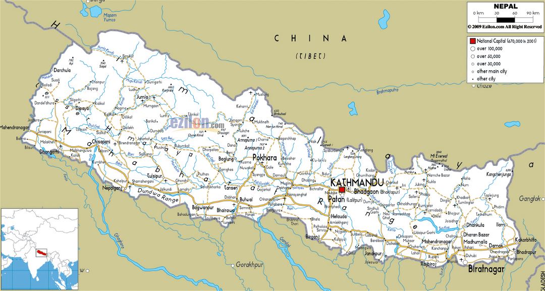 Large road map of Nepal with cities and airports