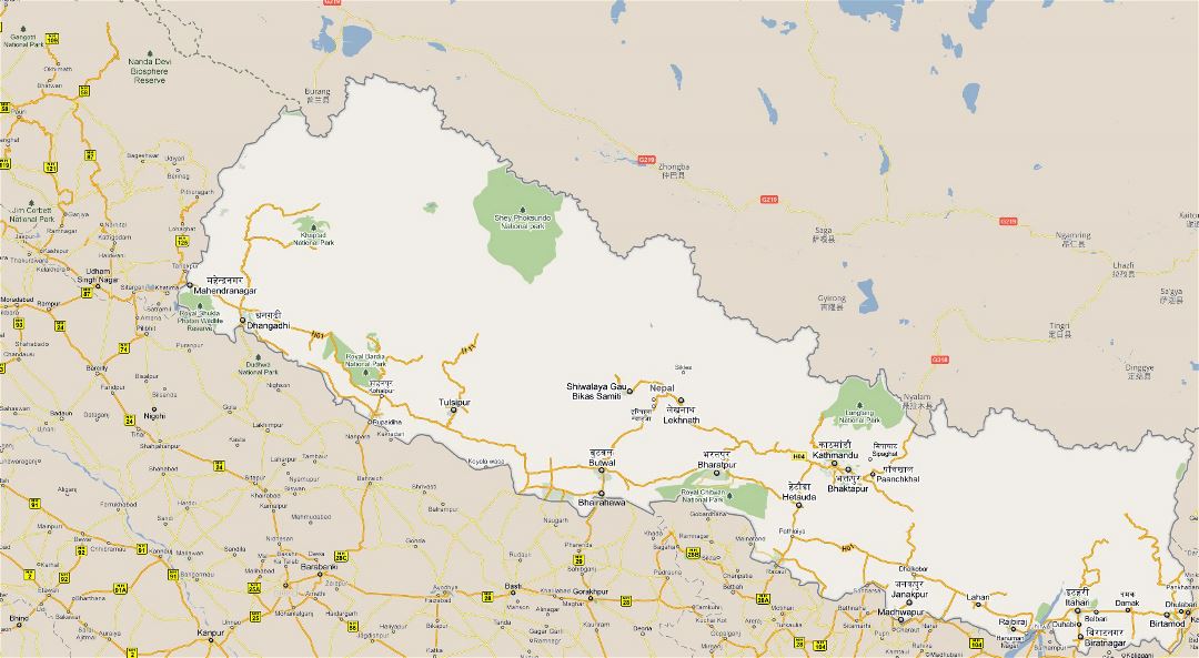 Large road map of Nepal with national parks and cities