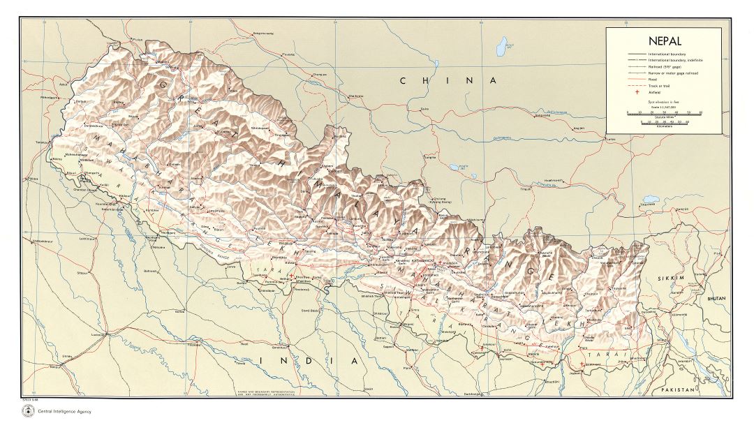 Large scale political map of Nepal with relief, roads, railroads, cities and airports - 1968