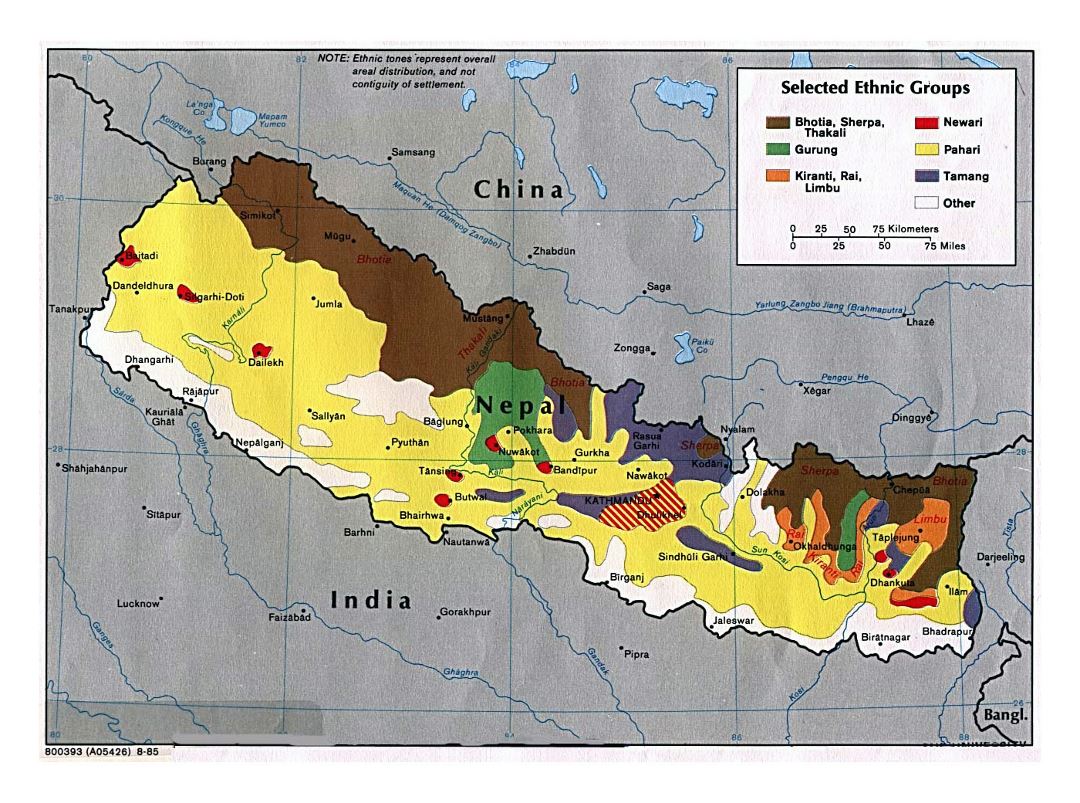 Large Selected Ethnic Groups map of Nepal - 1985