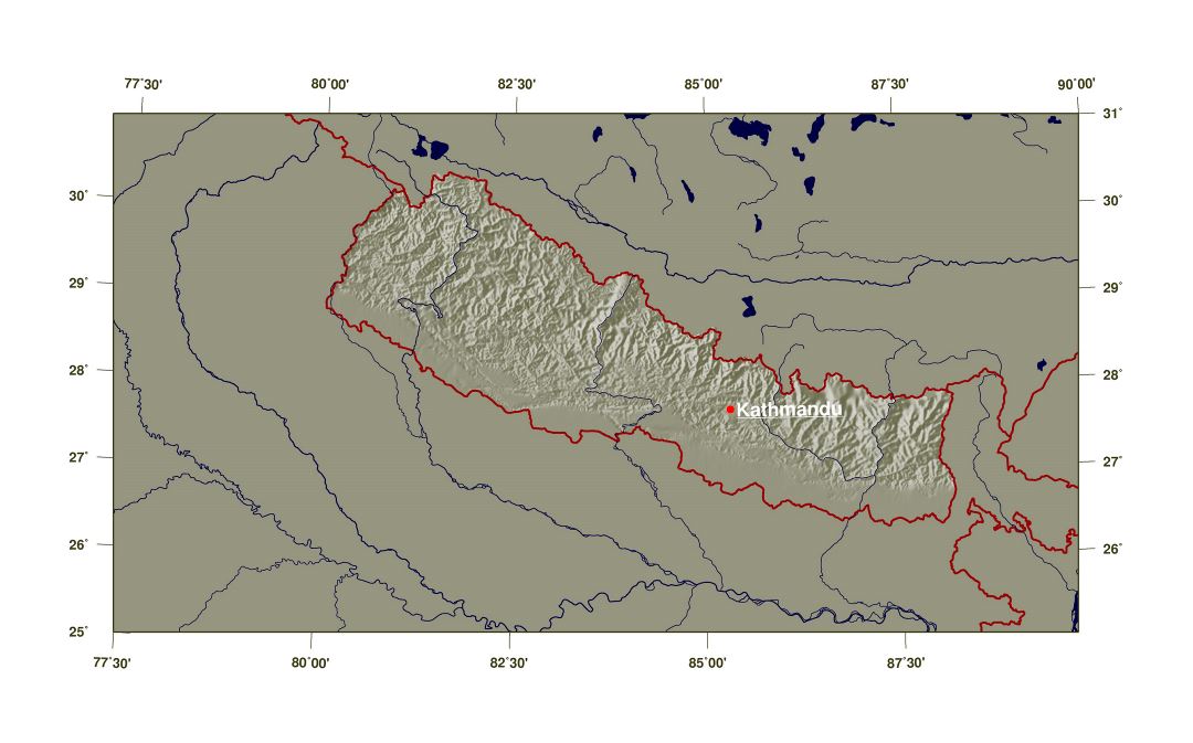 Large shaded relief map of Nepal