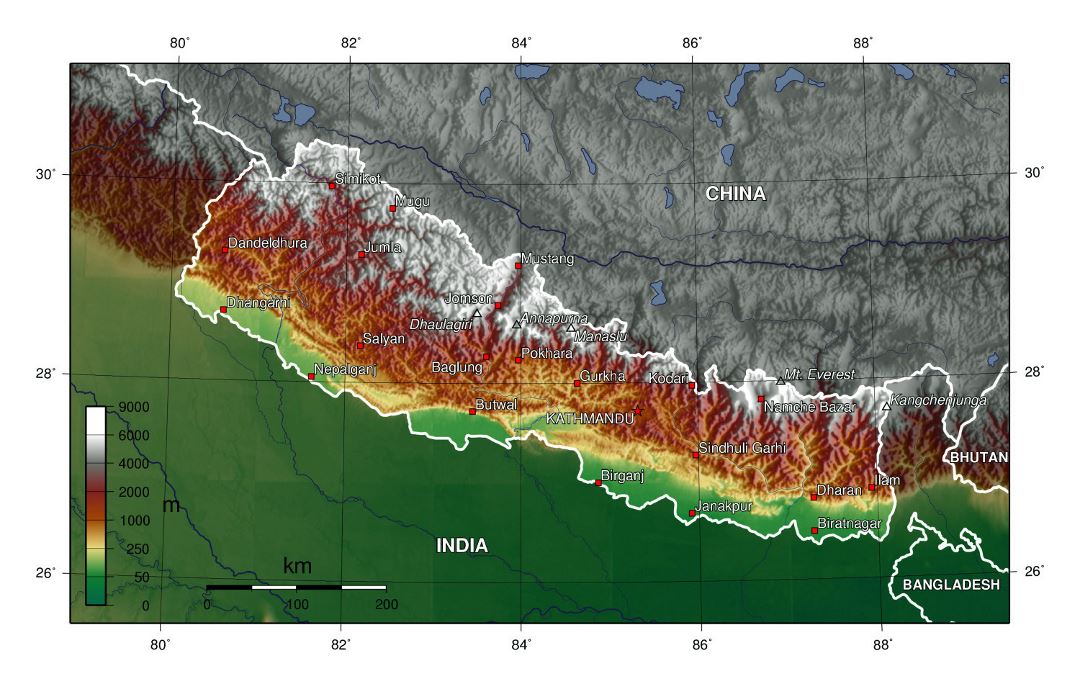 Large topographical map of Nepal