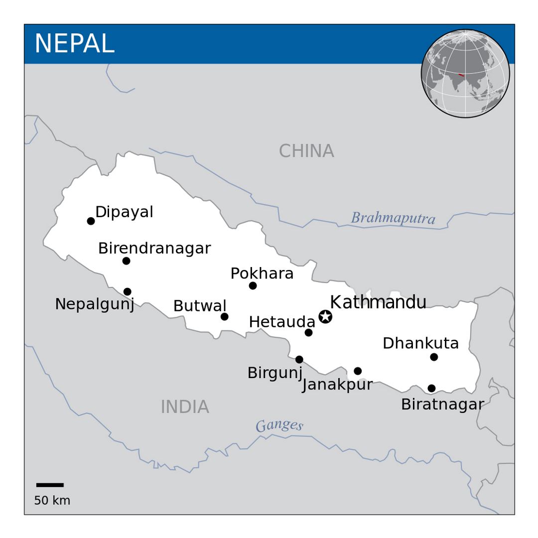 Map of Nepal with major cities