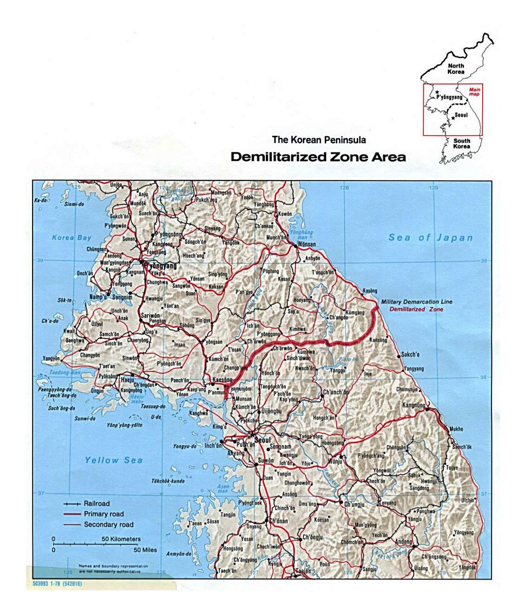 Detailed map of the Korean Peninsula Demilitarized Zone Area with relief - 1978