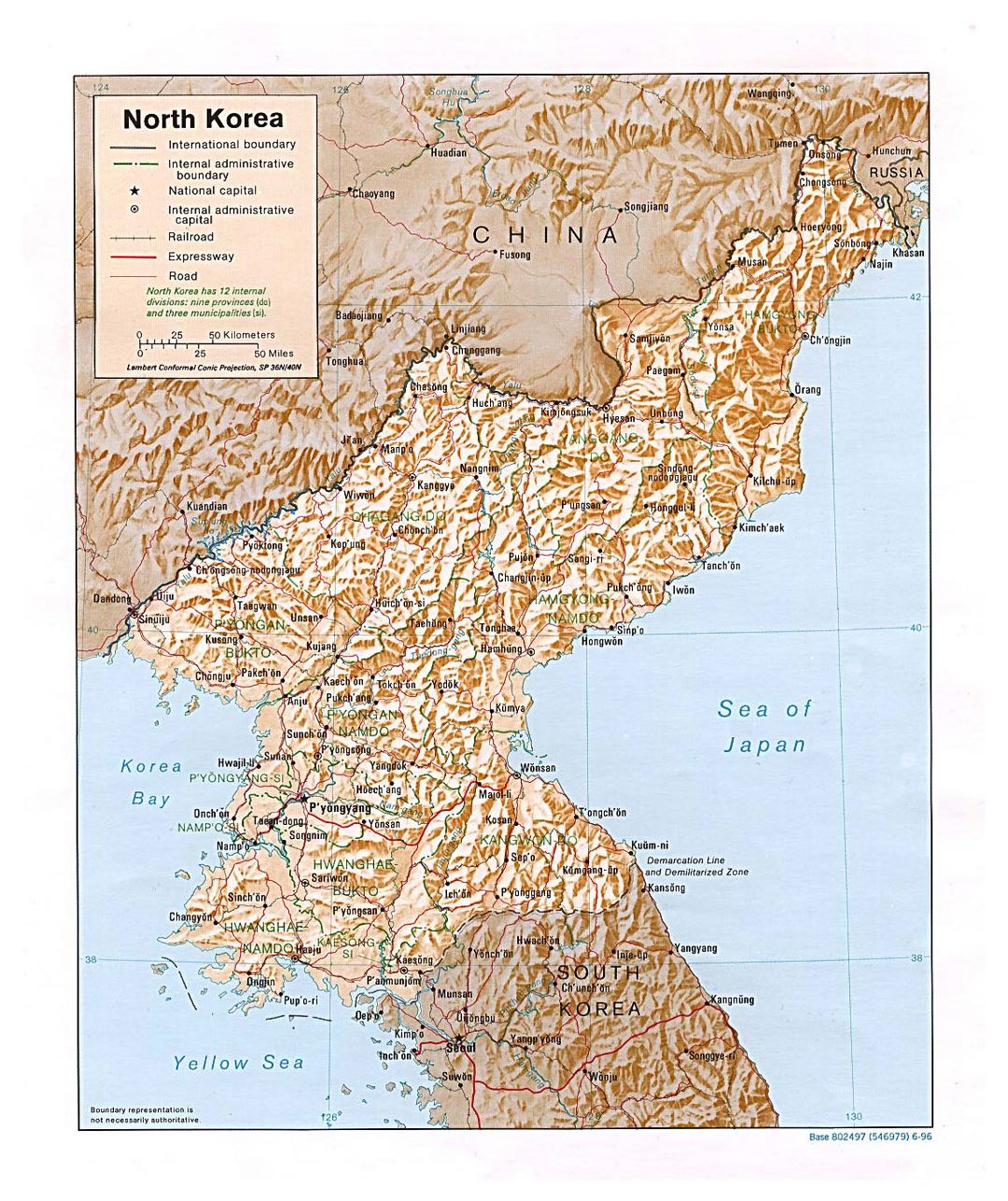 Detailed political and administrative map of North Korea with relief, roads, railroads and major cities - 1996