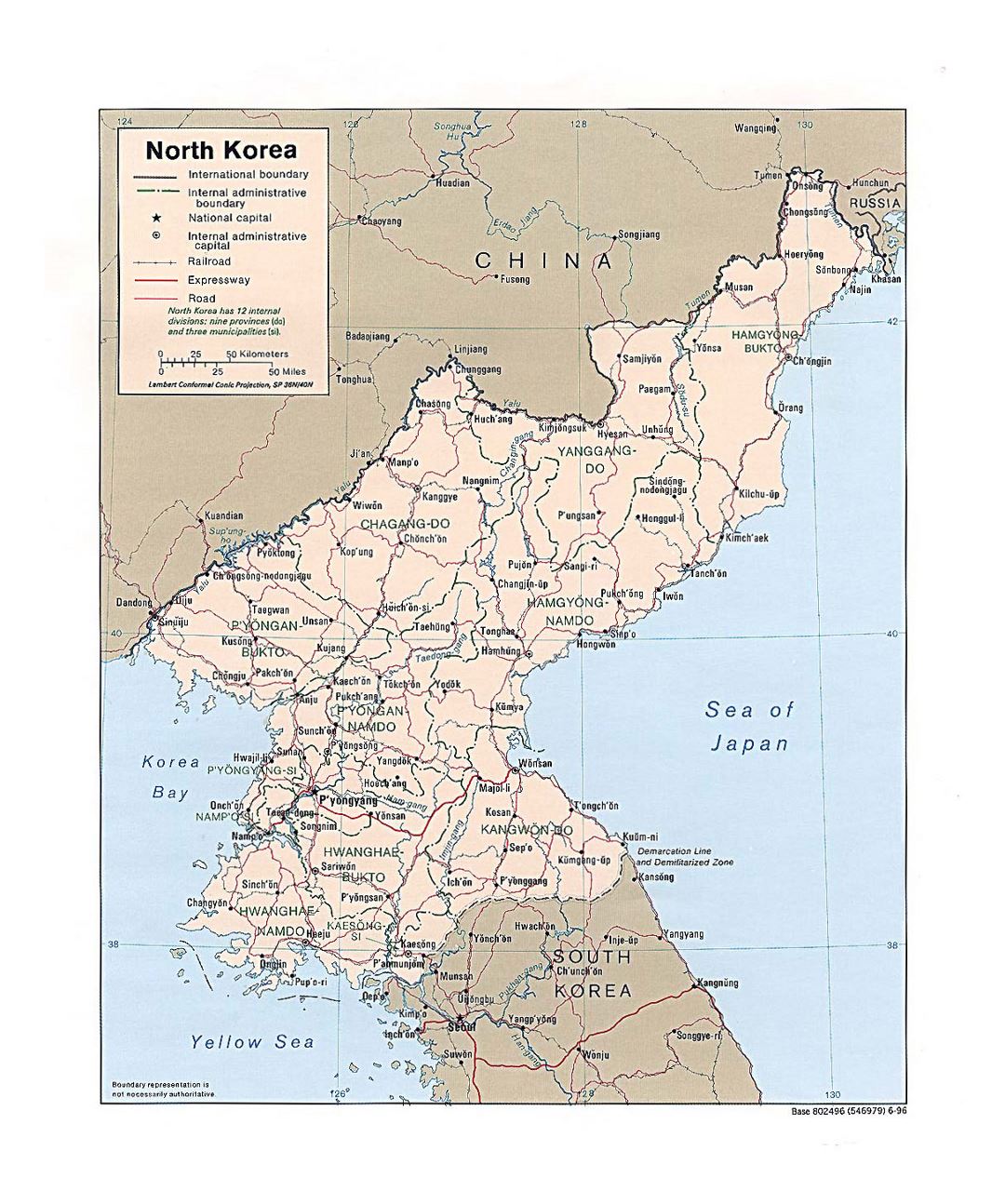 Detailed political and administrative map of North Korea with roads, railroads and major cities - 1996
