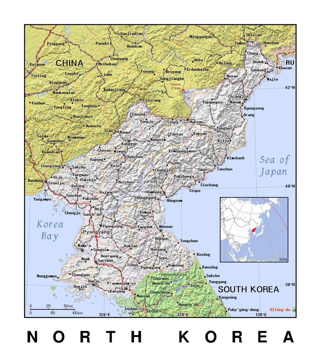 Detailed political map of North Korea with relief
