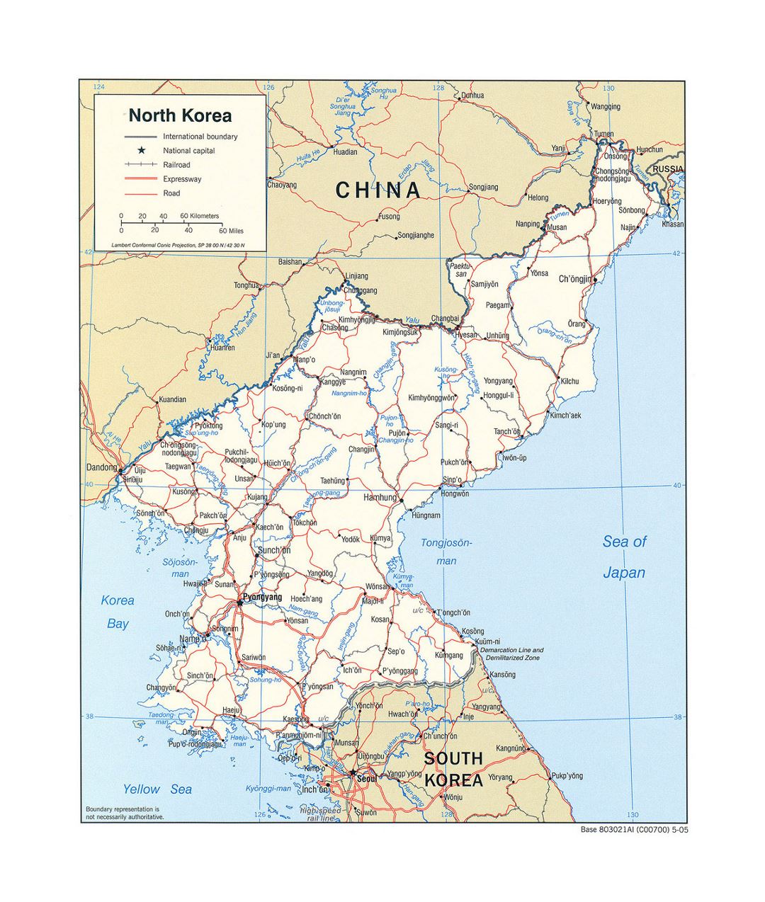Detailed political map of North Korea with roads, railroads and major cities - 2005
