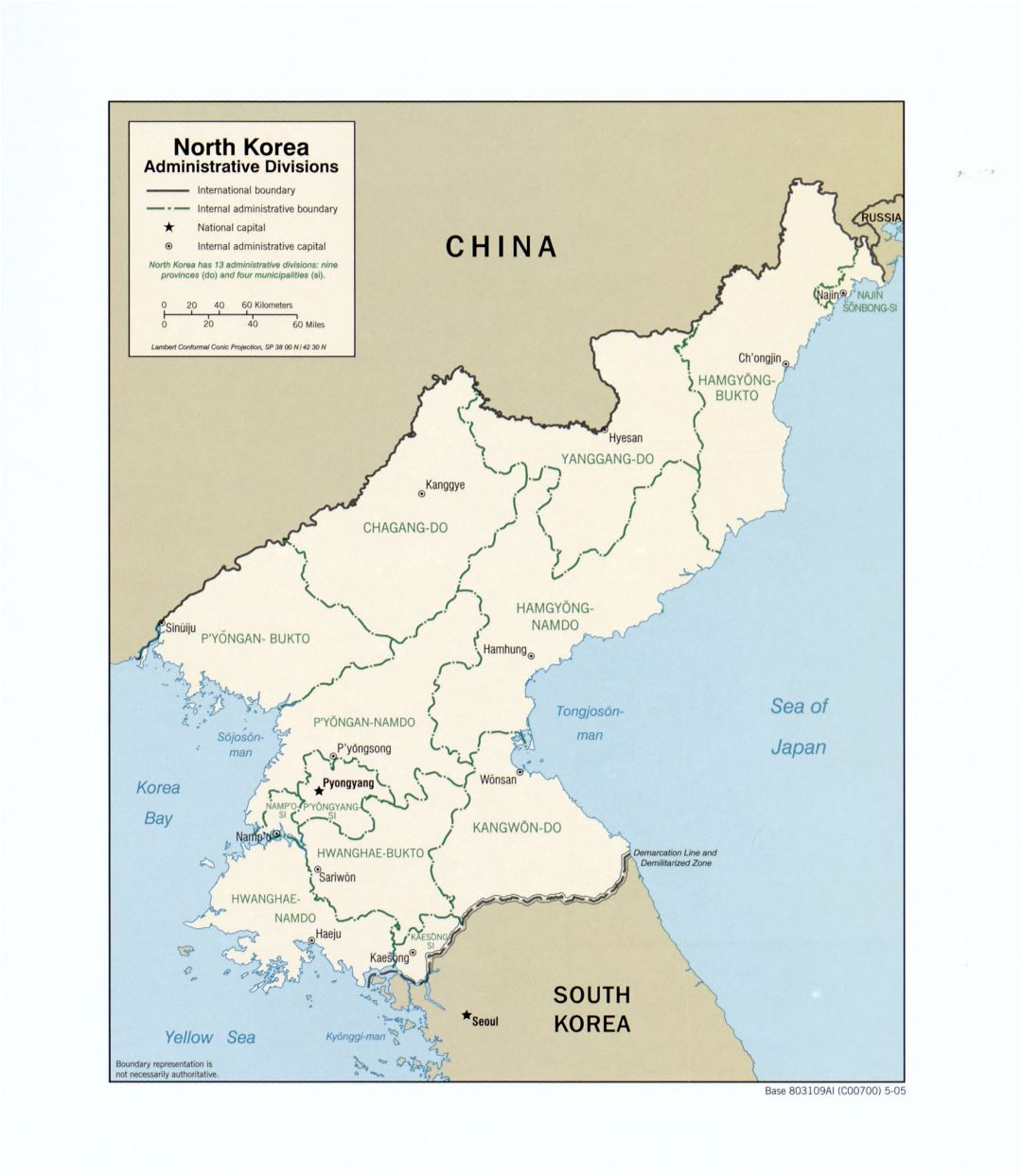 Large detailed administrative divisions map of North Korea - 2005