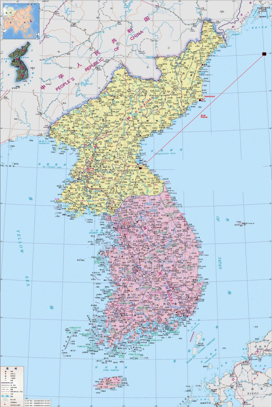 Large detailed political map of Korean Peninsula in chinese