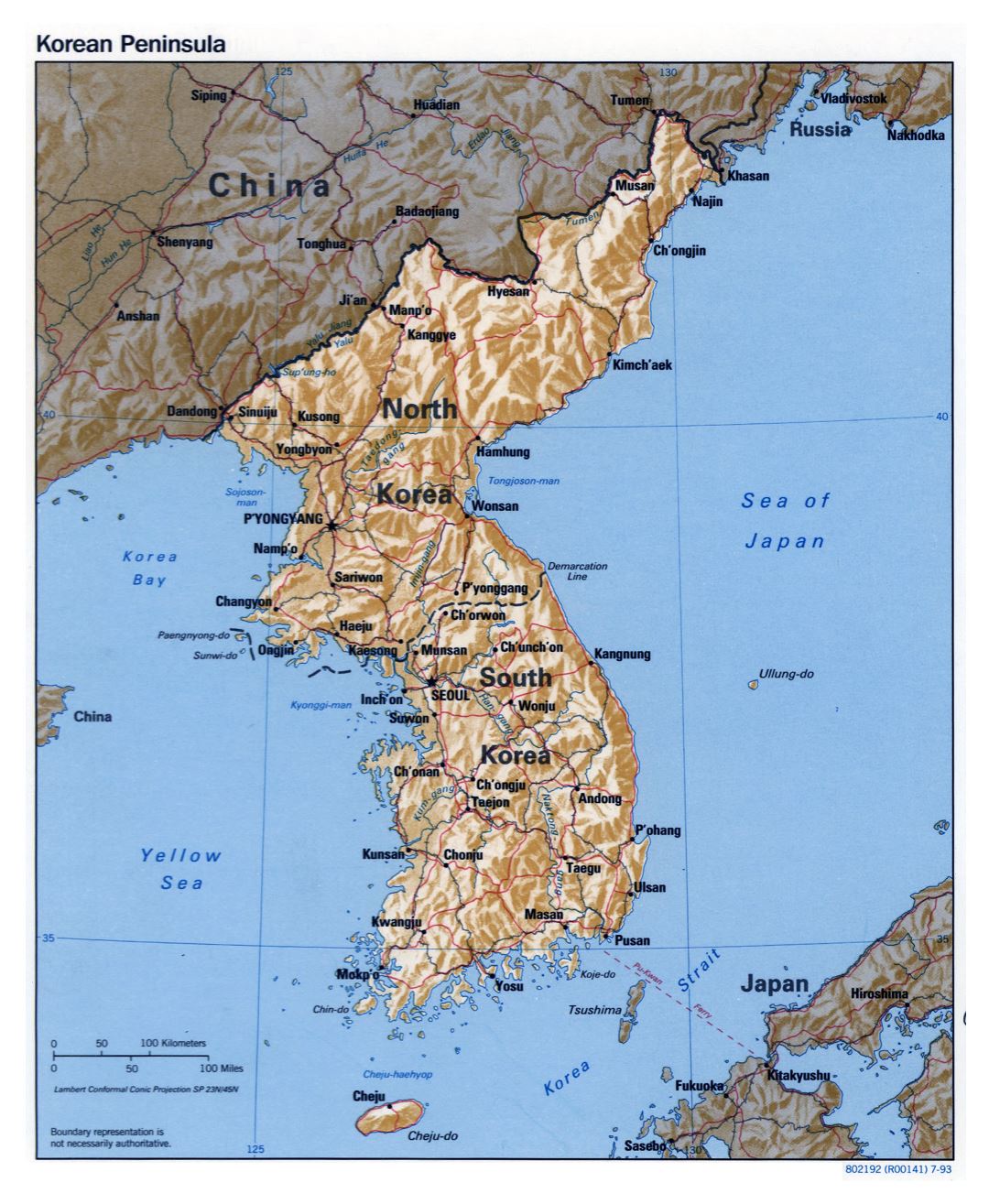 Large detailed political map of Korean Peninsula with relief, roads, railroads and major cities - 1993