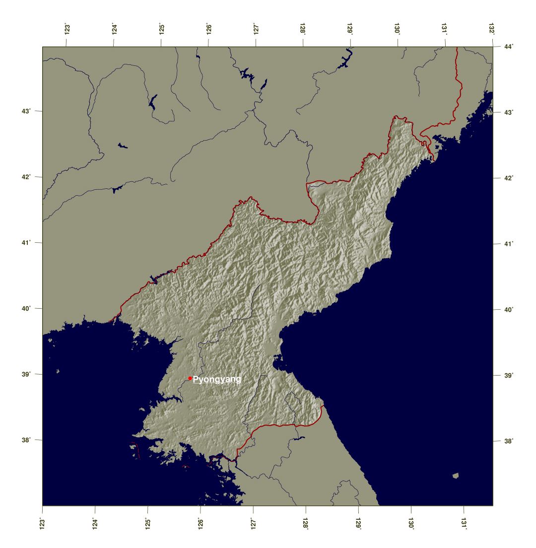Large detailed shaded relief map of North Korea
