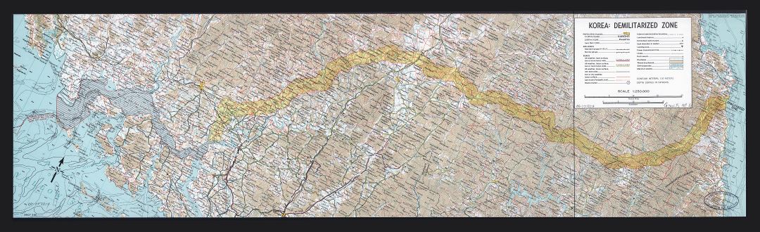 Large detailed topographical map of Korea Demilitarized Zone with roads, railroads, cities, airports and other marks - 1969