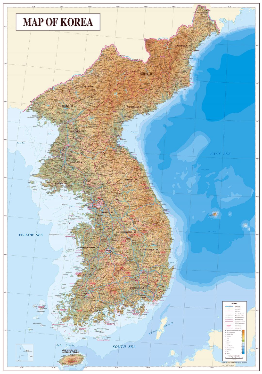 Large detailed topography and geology map of Korean Peninsula