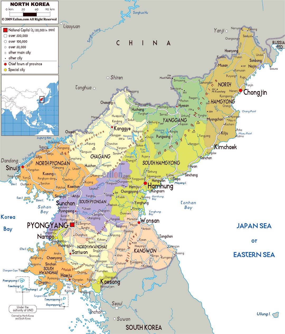 Large political and administrative map of North Korea with roads, cities and airports