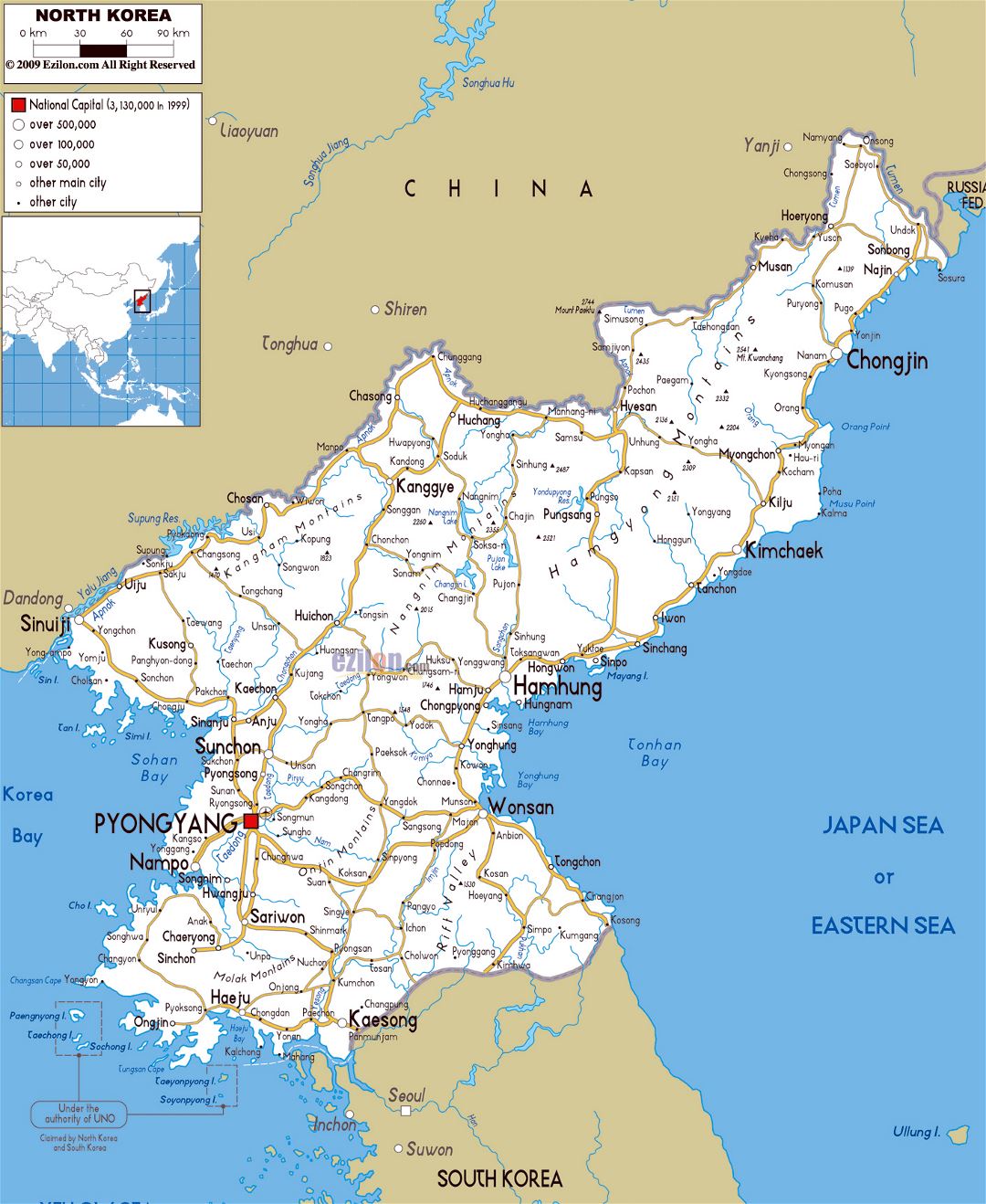 Large road map of North Korea with cities and airports