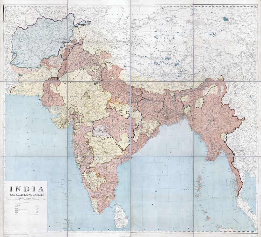 In high resolution detailed old map of India and adjacent countries - 1915