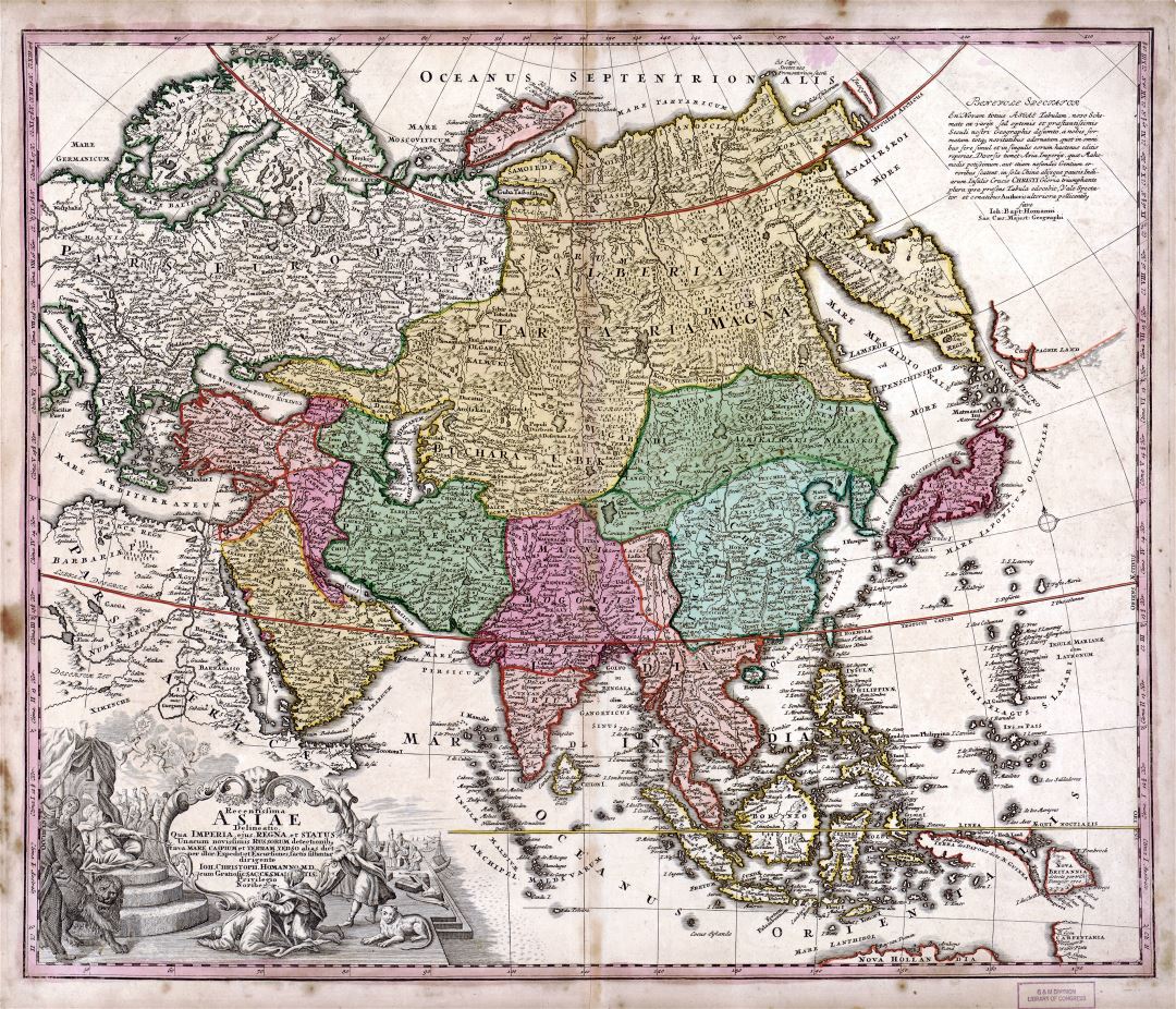 Large detaile old antique political map of Asia - 1743