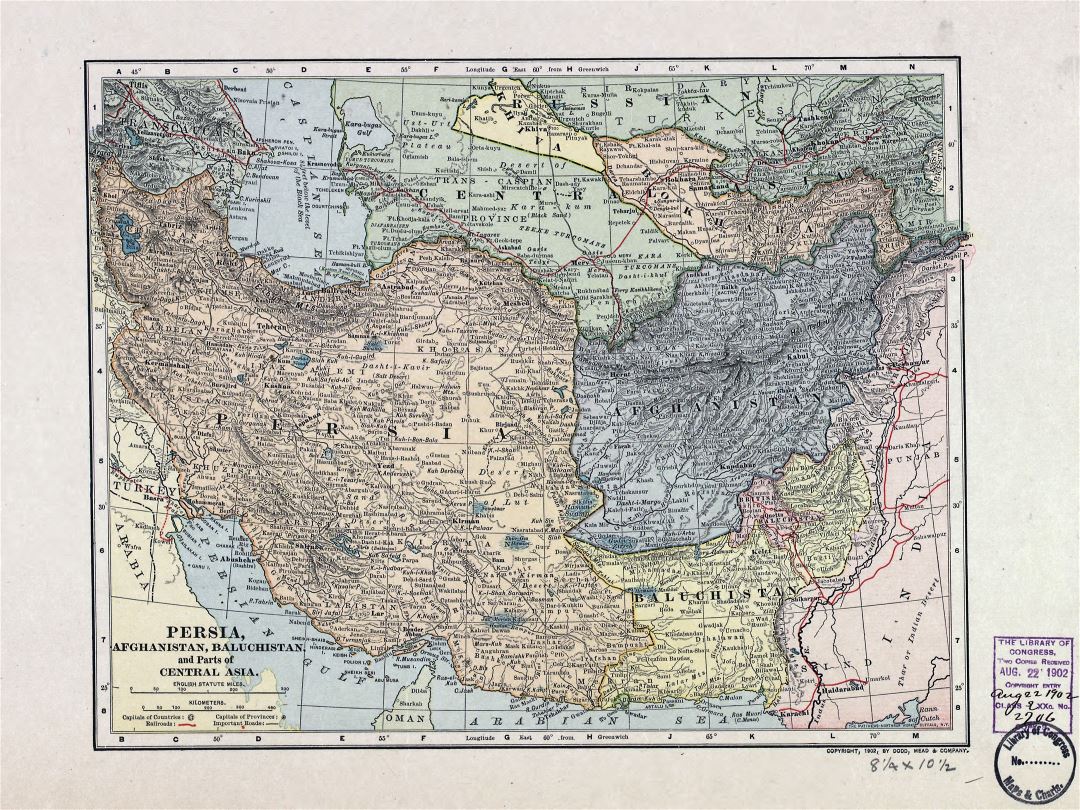 Large detailed old map of Persia, Afghanistan, Baluchistan and parts of Central Asia - 1902