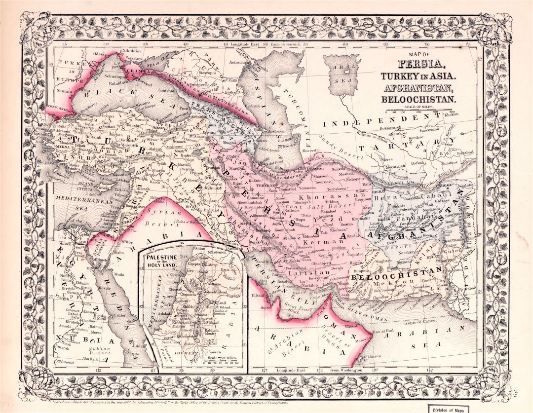 Large detailed old map of Persia, Turkey in Asia, Afghanistan and Beloochistan - 1869