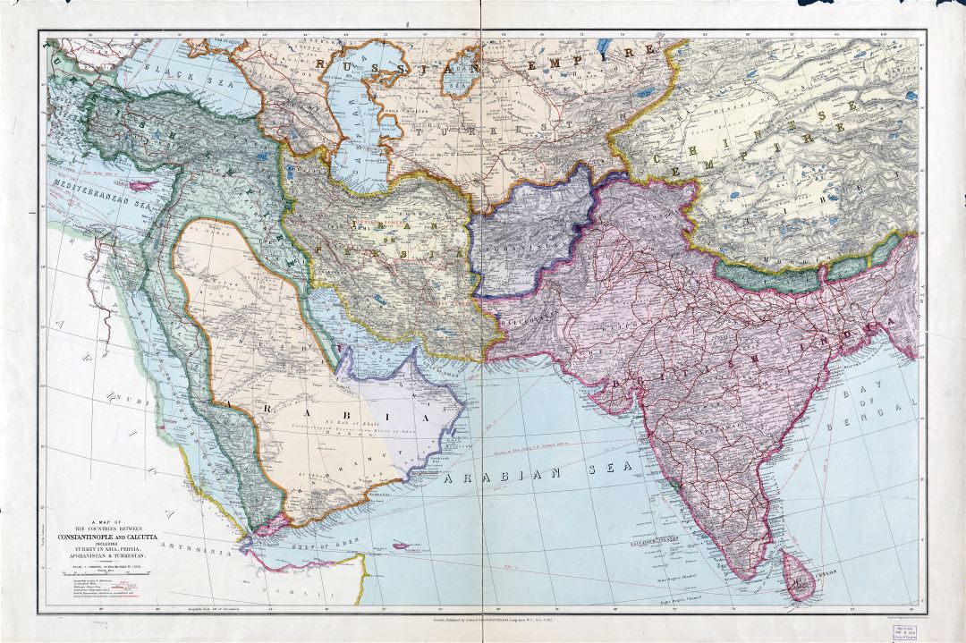 Large scale detailed old map of the countries between Constantinople and Calcutta including Turkey in Asia, Persia, Afghanistan and Turkestan - 1912