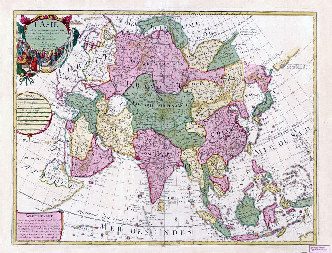 Large scale old antique political map of Asia - 1700