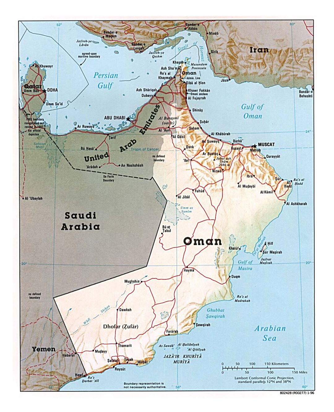 Detailed political map of Oman with relief, roads and major cities - 1996