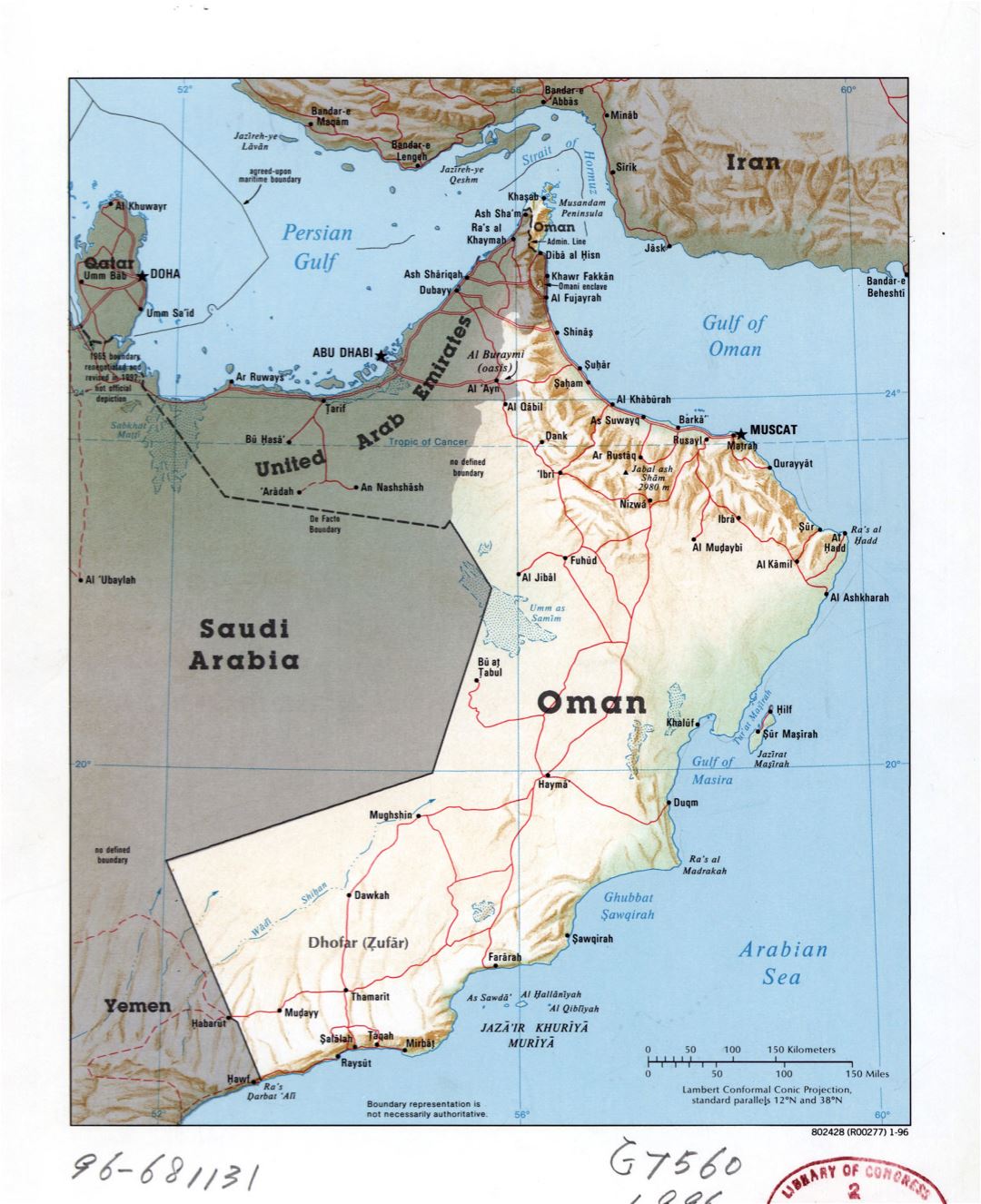 Large detailed political map of Oman with relief, roads and major cities - 1996