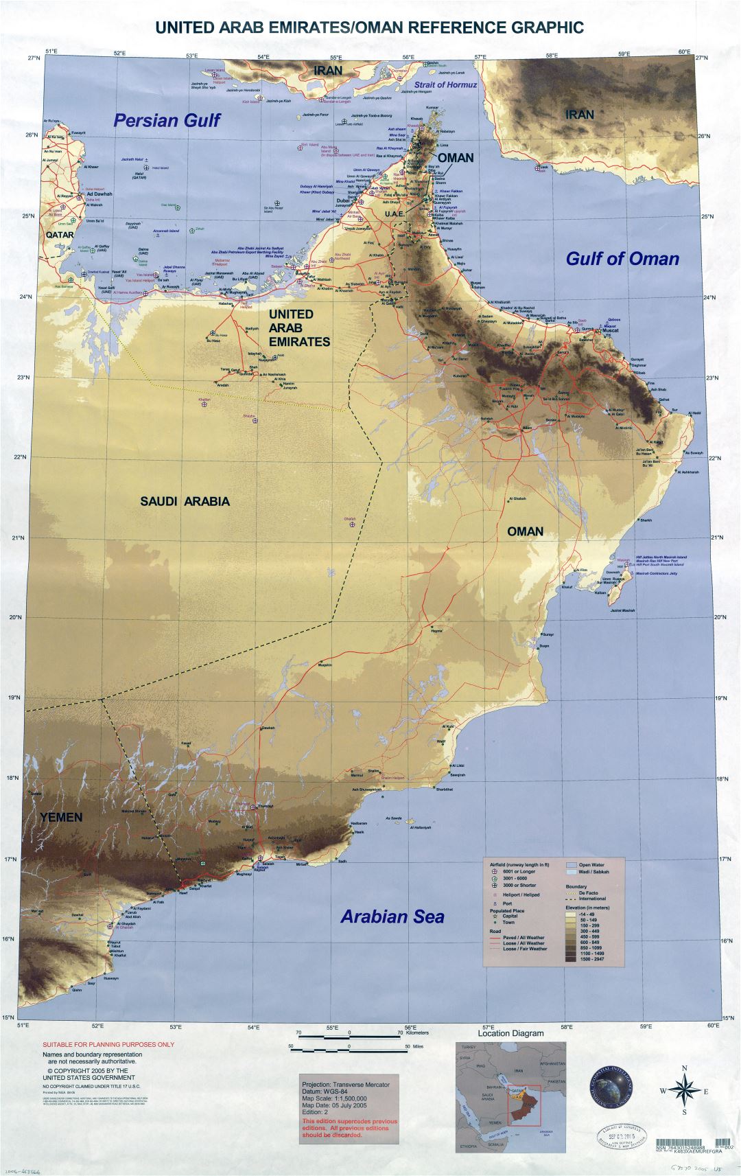 Large scale detailed elevation map of United Arab Emirates and Oman with airports, ports, heliports, cities, towns, roads and other marks - 2005